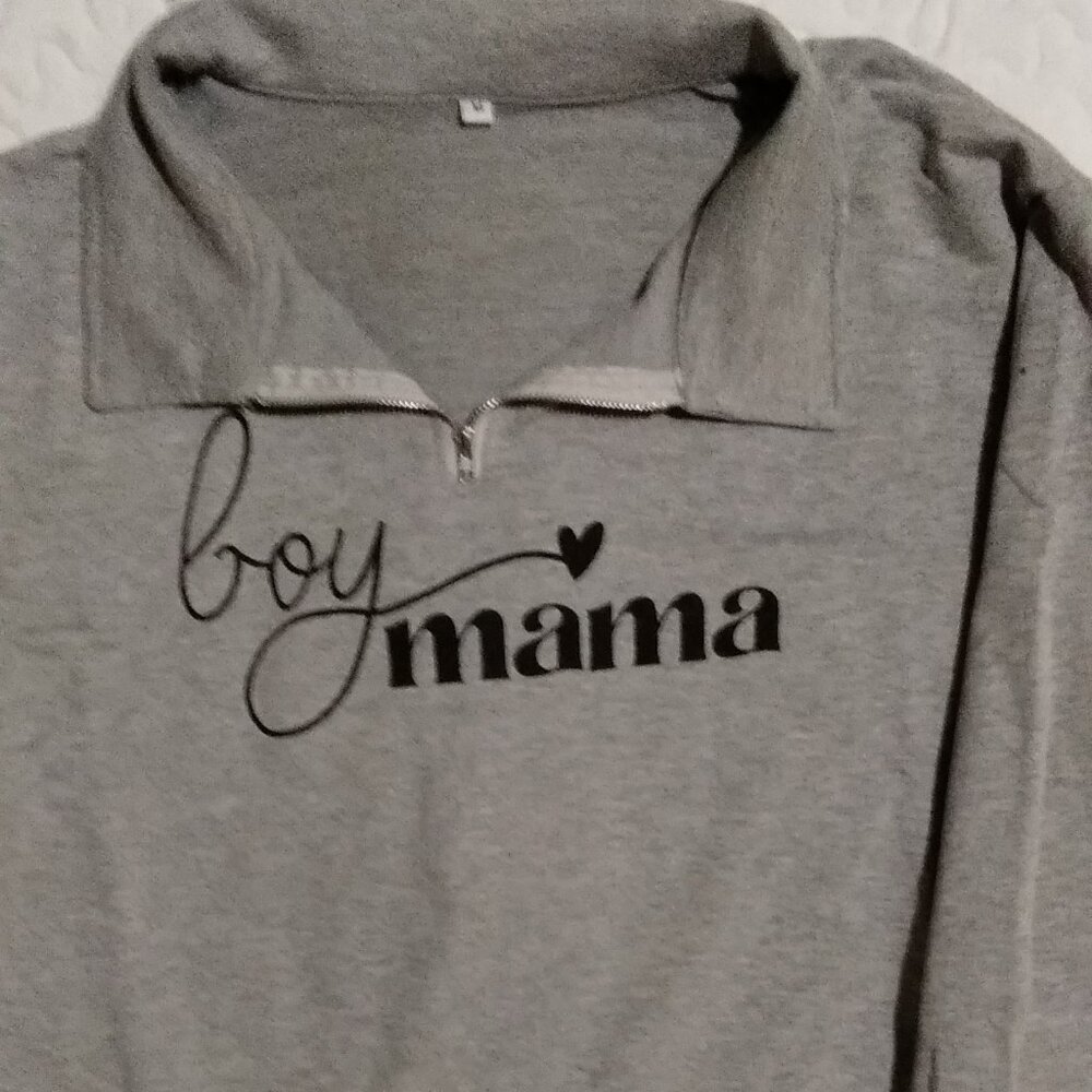 "Boy Mama" Women's size M.  Gray With Small Zip.  Lightweight Sweatshirt.  Long